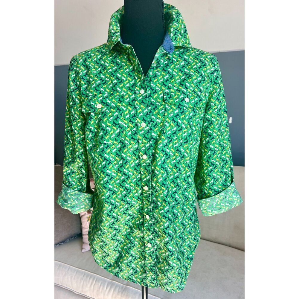 Talbots Womens Top Shirt Size 6 Green Horse Print Roll Tab Sleeve EUC